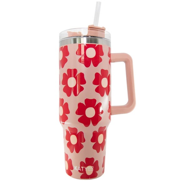 Katydid Other - Flower Power Printed Stainless Steel Tumbler 40 oz with Handle Peach Pink